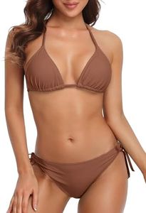 CharmLeaks Women's Two Piece Bikini Swimsuit Halter Triangle Bathing Suits Tie Side Cheeky Swimwear Brown XL