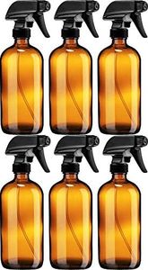 Sally's Organics Empty Amber Glass Spray Bottle - Large 16 oz Refillable Container for Essential Oils, Cleaning Products, or Aromatherapy - Black Trigger Sprayer w/Mist and Stream Settings - 6 Pack