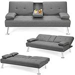 POWERSTONE Futon Sofa Bed Upholstered Modern Convertible Sofa Couch Sleeper with Removable Armrests, 2 Cup Holders, Memory Foam Cushion Living Room Furniture Loveseat, Light Grey