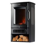 LIVIVO Electric Stove Heater Fireplace with Log Effect, 2000W, Independent Light and Heat Controls, Automatic Safety Cut-Out, Wide Panoramic Viewing Angle, Log Storage Compartment