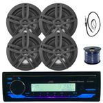 Single DIN in-Dash Marine Boat Audio Bluetooth CD Player Receiver Bundle Combo with 4X Enrock 6.5" Black 2-Way Stereo Speakers + Radio Antenna + 16g 50FT Marine Speaker Wire