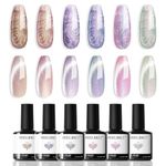 Modelones Gel Nail Polish, 6 Colors Iridescent Pearl Gel Polish Cat Eye Gel Nail with Magnet & Wooden Dotting Pen, Purple Pink Brown Blue Shimmer Glitter Nail Gel Polish Swirl Shell Thread Effect Soak Off Led Nail Art Gel DIY Salon