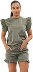 AA ESSANTAILS® Women's Ribbed Frill Peplum Short and Top Set - Ladies Co-Ord 2 Pcs Summer Longwear Tracksuit (Khaki, 16-18)