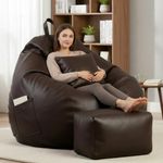 KAM'S LIEU 5XL Luxury Faux Leather Bean Bag with Footrest & Cushion | Pre-Filled High-Density Polystyrene Beans | Premium Leatherette | 6 Months Warranty Color- (Brown, with Footrest)