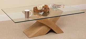 Milano Stylish Glass and Wood Coffee Table | Modern X Shaped Cross Base Low Living Room Table | Large Oak Colour Occasional Table 135 x 80 x 45 cm | Milano by Oak Furniture King