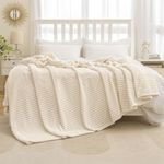 MIULEE Fleece Blanket King Size 90"x108" 300GSM Super Soft Lightweight Plush Striped Blanket, Cream White Warm Cozy Breathable Ribbed Blanket for Bed/Sofa/Couch