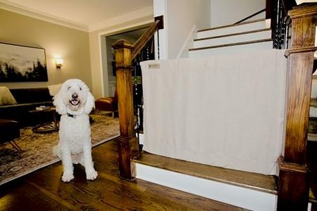 The Stair Barrier First Fabric Banister to Banister Baby Gates for Stairs 42”–52” Wide x 32” Tall– No Drill Baby Gate for Top or Bottom Staircase, Machine-Washable Climb Proof, Designed in USA, Beige
