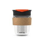 SoleCup. Travel Mug Loose Tea Infuser - Detachable Tea Strainer with Spillproof Lid - BPA-Free Reusable Glass Travel Coffee Cup with Cork Band (Black)