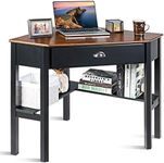 KOTEK Corner Desk with Drawer and Shelves, Wooden Home Office Desk Triangle Computer Desk, Writing Study Desk Computer Workstation, Makeup Vanity Table (Coffee & Black)