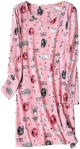 CHUNG Women's Cotton Nightgowns Long Sleeve Crew Neck Vivid Print Sleepshirts Dress Sleepwear 2020 Spring Autumn (S, Pink Kitty)