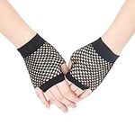 SAVITA 1 Pair Fishnet Short Glove Pierced Nylon Fingerless Mesh Gloves Funky Retro Elegant Stretchy Opera Evening Party 1920s Gloves for Women Parties Balls (Black)