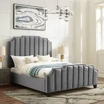 Inspired Home Poppy Platform Queen Bed, Velvet, Channel Tufted with Silver Nailhead Trim, Grey