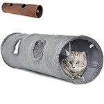 LeerKing Large Cat Tunnel 51"(L) Dia 12" Collapsible Extra Long Cat Play Tunnel Indoor Outdoor Suede Crinkle Cat Tube Tunnel Toy with Ball and Peek Hole for Kittens Rabbits Puppy, L, Grey