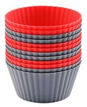 MIREN 12 Pack Reusable Nonstick Jumbo Premium Silicone Baking Cups, Cupcake and Muffin Liners, 3.8 Inch Large Size, in Storage Container, Red and Dark Gray Colors, Round