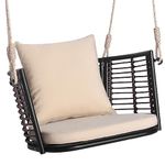 COSTWAY Hanging Rattan Swing Chair, Metal Frame Patio Hammock Chair with Seat & Back Cushion, Wicker Rope Swing Seat for Indoor Outdoor