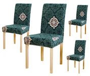 House of Quirk Elastic Chair Cover Stretch Removable Washable Short Dining Chair Cover Protector Seat Slipcover (Pack 4, Green Brocade), Polyester