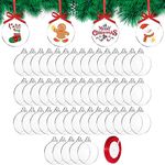 DRERIO 50 Pcs Christmas Bauble Clear Acrylic Disc Ornaments 8.8 ×7.6 cm Round Christmas Ornaments with Ribbon Flat Baubles for Craft, Clear Blank Acrylic Christmas Disc for Tree Party Hanging Decor