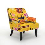 House of Velvet Vibrant Elegant Low - Back Buttoned Gold Patchwork Accent Chair – Occasional Unique Striped Floral Durable Fabric Armchair for Small Spaces, Reading Nook, Bedroom Living Room Office