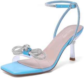 Susanny Kitten Heels for Women Sandals Blue Heels Square Toe Rhinestone Strappy Slingback Heels Sparkly Clear Bow Sexy Ankle Strap Bridal Party Wedding Dress Shoes 7