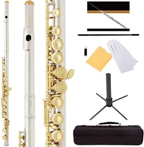 Mendini by Cecilio Premium Grade Closed Hole C Flute with Stand, Book, Deluxe Case and Warranty (Nickel Plated + Gold Keys)