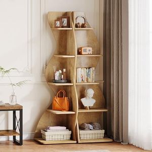 Tribesigns Wavy Corner Shelf Set of 2, Modern 5-Tier Bookshelf Etagere Bookcase with Curvy Shape, Unique Plant Stand Display Shelf for Living Room Small Space (Light Brown)