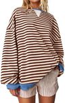 UEU Womens Oversized Sweatshirts Casual Striped Pullover Tops Long Sleeve Crewneck Fall Trendy Preppy Clothes Coffee Striped Small