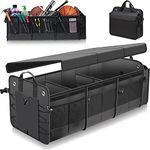 MOJIOO Large Trunk Organizer with Removable Cooler Bag-Collapsible Multi Compartments w/Foldable Cover, Non Slip Bottom Cargo Storage Suitable for Any Car, SUV, Truck, or Van(3 compartments,Black)