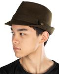 Funky Junque Mens Fedora Hats for Men Fashion Trilby Short Brim Wool Vintage Church Dress Hats Classic Winter Teardrop, Olive, 7 1/4-7 5/8