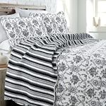 Cozy Line Home Fashions French Medallion Black White Grey Rose Flower Pattern Printed 100% Cotton Bedding Quilt Set Reversible Coverlet Bedspread (Black White, King - 3 Piece)