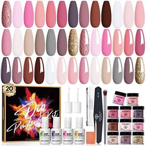 Modelones 32 Pcs Dip Powder Nail Kit Starter, 20 Colors Pink White Nude Glitter Spring Collection Neutral Acrylic Dipping Powder Essential Liquid Set with Base Top Coat Activator for French Nail Art Manicure DIY Salon Beginner Kit Valentine's Day Gift, NO Need Nail Lamp Cured