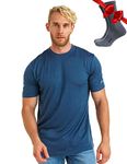 Merino.tech Merino Wool T-Shirt Mens - 100% Organic Merino Wool Undershirt Lightweight Base Layer + Hiking Wool Socks (Medium, Denim)