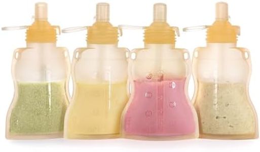 haakaa Baby Food Pouch Refillable Baby Squeeze Silicone Yummy Pouch, Soft Reusable Squeeze Storage Food Pouch for Kids Toddler,Home Made Food Puree,Smoothie Pouch Bag, 4oz, 4 Pack,6m+ (Yellow)