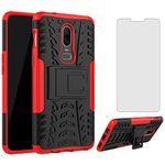 Phone Case for Oneplus 6 with Tempered Glass Screen Protector and Stand Kickstand Hard Rugged Hybrid Accessories Heavy Duty Shockproof Oneplus6 A6000 A6003 One Plus6 1 Plus 1plus Six Cases Red