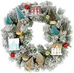 Fraser Hill Farm 24-in. Snowy Christmas Village Wreath with Houses, Trees, and Ornaments, Indoor or Covered Outdoor Hanging Holiday Decoration for Door, Fireplace, Wall