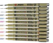 Sakura Pigma Micron Artist pens 12 Fineliner Archival Ink Black & Colors, 8 Assorted Colors with 4 Black (01, 05, 08, Brush Pen)