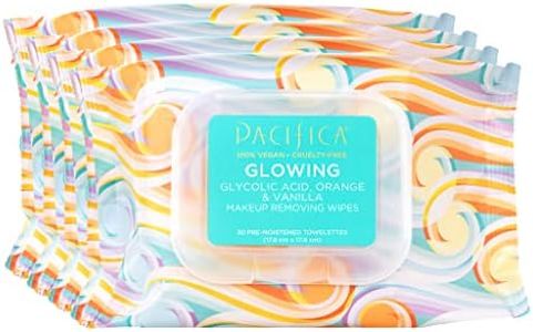 Pacifica Beauty | Glowing Makeup Remover Wipes | Gycolic Acid, Coconut Water, Aloe Infused | Daily Cleansing + Exfoliating | Clean Skin Care | Plant Fiber Facial Towelettes | 4 Count | Vegan