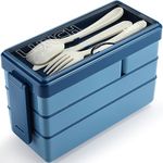 Bento Box Lunch Boxes,1450ml Bento Lunch Box for Adults Kids,Stackable 3 Layer 4 Compartments Japanese Lunch Box with Cutlery Set,Leak Proof Meal Prep Container Box,Microwave Dishwasher Safe(Blue)