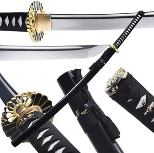 TUONEX Authentic Japanese Handmade Katana - 41" Black Blade with Gold Sunflower Guard | Clay Tempered Decorated Collector's Edition
