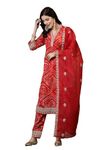 Stylum Women's Bandhani Print & Embroidered Muslin Straight Kurta Pant Dupatta Set (KPDREDBANNO38_Red, M)