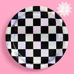 xo, Fetti Black and Iridescent Checker Paper Plates - 25 pack | Happy Birthday Party Decorations, Cute Bachelorette Party, Cool Cake Plates, Checker Disposable Party Plates