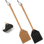 PEUTIER 2pcs Leather Hanging Rope Fly Swatter, 19.5 Inch Long Heavy Duty Flyswatter Manual with Wooden Handle Wasp Catcher for Indoor Outdoor(Black, Brown)