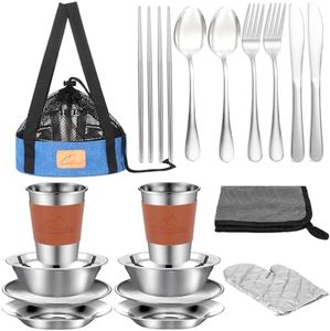 Camping Mess Kit - 1 to 2 Persons Camping Dishes Includes Cups Bowls Dishes Knives Forks Spoons, Etc, Camping Cutlery Set with Mesh Bag is Easy to Carry for Backpacking, Camping, Hiking and Picnics