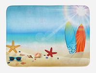 Ambesonne Seashells Bath Mat, Holiday Theme Sunglasses Beach Summer Surfboard Daytime Sunny Starfish Seashells, Plush Bathroom Decor Mat with Non Slip Backing, 30.2" x 20", Aqua Sand