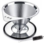 LHS Pour Over Coffee Dripper Stainless Steel Coffee Filter Metal Cone Filter Paperless Reusable Coffee Filter Single Cup Coffee Maker 1-4 Cup with Non-Slip Cup Stand and Cleaning Brush