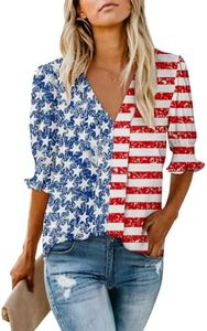 Roshop Women's Dressy Smocked Sleeve Deep V Neck American Flag Patriotic Blouses, White Star-2