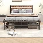 HOMERECOMMEND Double Bed Frame with Rustic Wood Headboard and Footboard Heavy Duty Metal Platform Bed Frame Solid and Stable,Strong Metal Slats Support Easy Assembly Black Brown