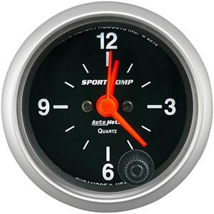 AutoMeter 3385 Sport-Comp Clock 2-1/16 in. Black Dial Face White Incandescent Lighting Electric Quartz 12 Hour Sport-Comp Clock