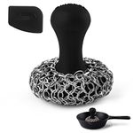 Cast Iron Chainmail Scrubber + Pan Scraper - Ergonomic Stainless and Silicone Cleaner for Pots and Skillets - Premium Food-Safe Design - Easy to Clean Dishwasher Safe Cook