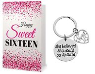 Sweet 16 Inspirational She Believed She Could So She Did Charm Keychain, Sweet Sixteen Jewelry Birthday Gift for Girls (Happy Birthday Card Set)