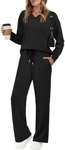 Two Piece Sets for Women Travel Airport Outfits 2025 Womens Early Fall Fashion 2025 Outfits Lounge Sets for Women 2 Piece Wide Leg Pants Comfy Matching Set Winter Clothing Must Haves Black M